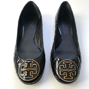 Tory Burch Quinn Black Quilted Patent Leather Flat